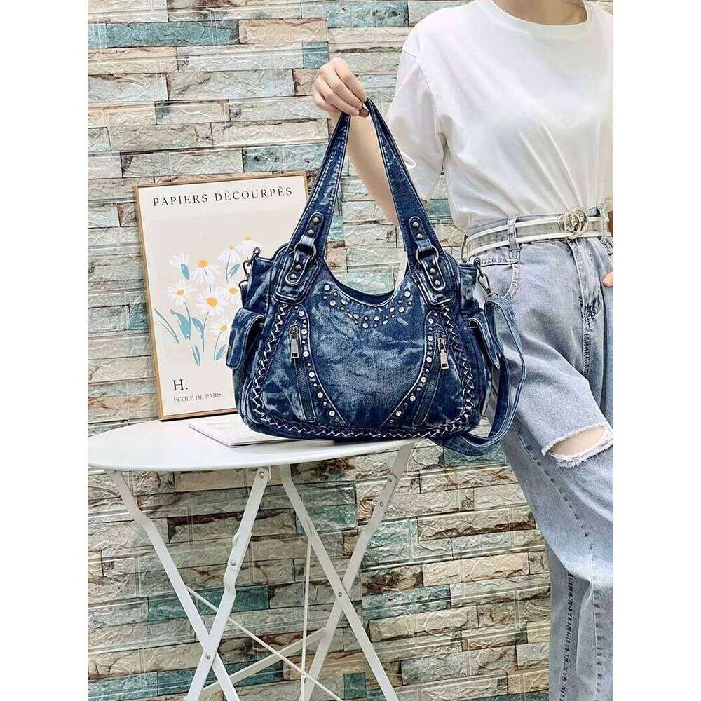 HIGHREAL High Quality Handbag Rivets Women Designer Shoulder Large-Capacity Wash Denim Girls Messenger Bag