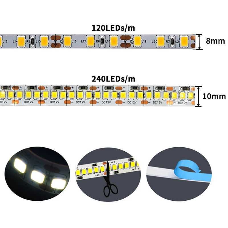 1-5m DC12V LED Strip light SMD 2835 120LED/m 240LED/m Self Adhesive Flexible Strip Ribbon Home Decor Light Kitchen Lighting W250701