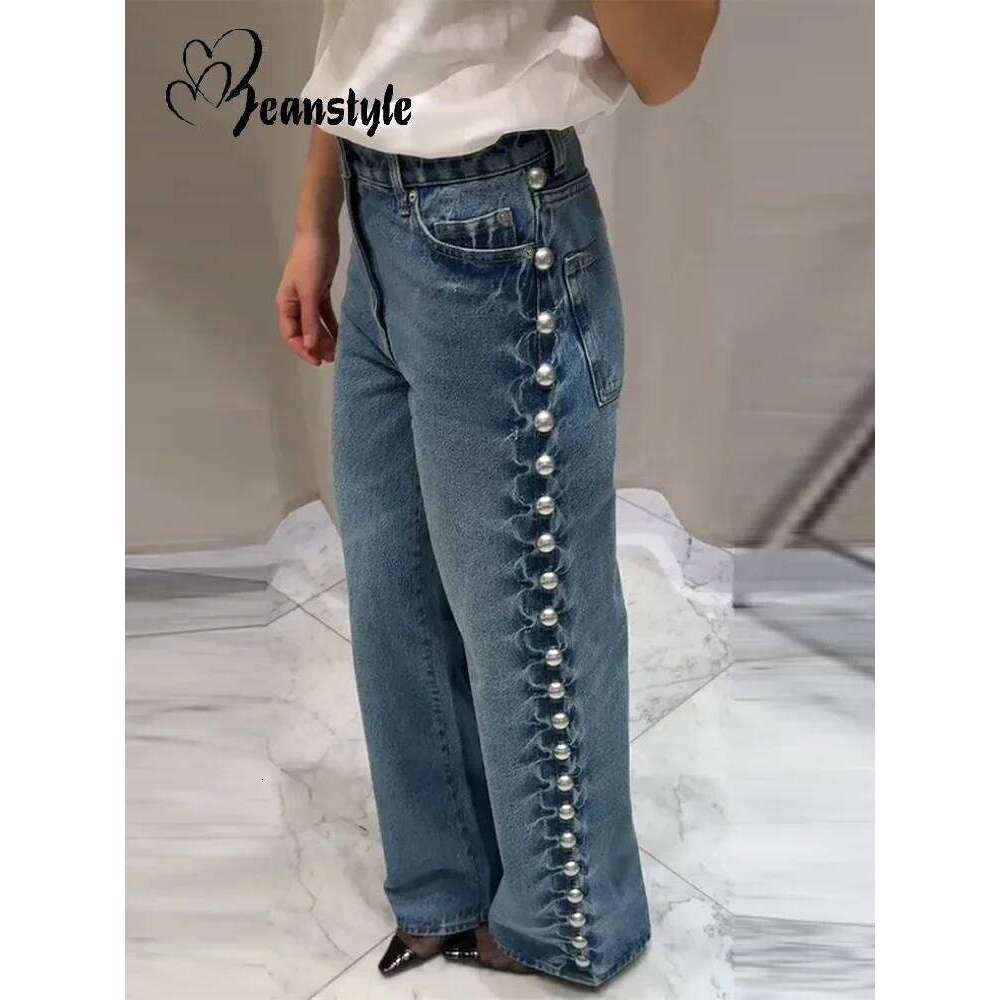 hoodie Wear Bead Women's Denim Jean Loose High Waisted Pockets Zipper All-Match Straight Leg Trouser Female Y2k Street Lady Outwear jacket