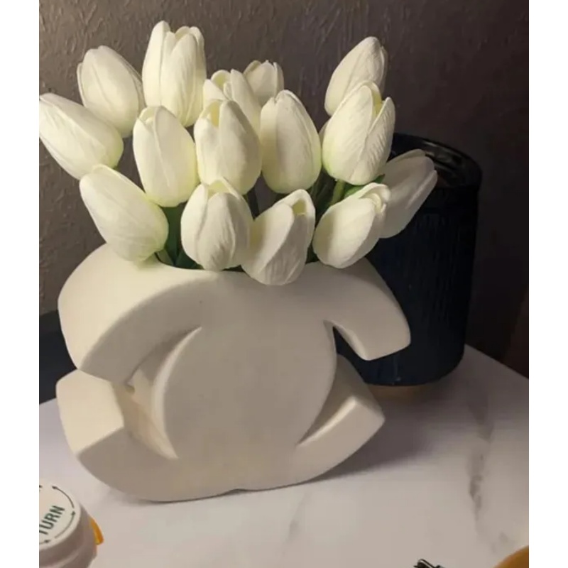 Luxury ceramic vase designer classic logo shape white vase INS style high-end floral vase cream style Nordic Dining table decoration vase home entrance ornaments