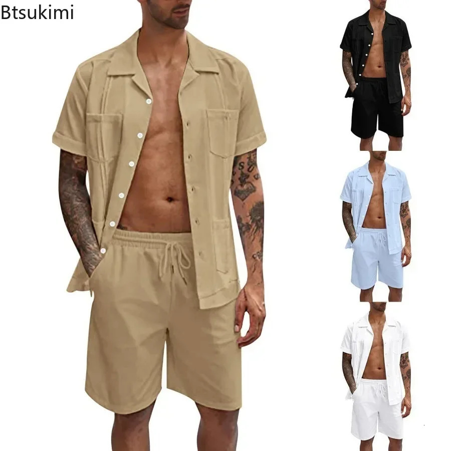 Mens Summer Casual Sport 2 Piece Sets Fashion Cotton Linen Short Sleeve Shirt and Shorts Suit Men Loose Outfits 250624