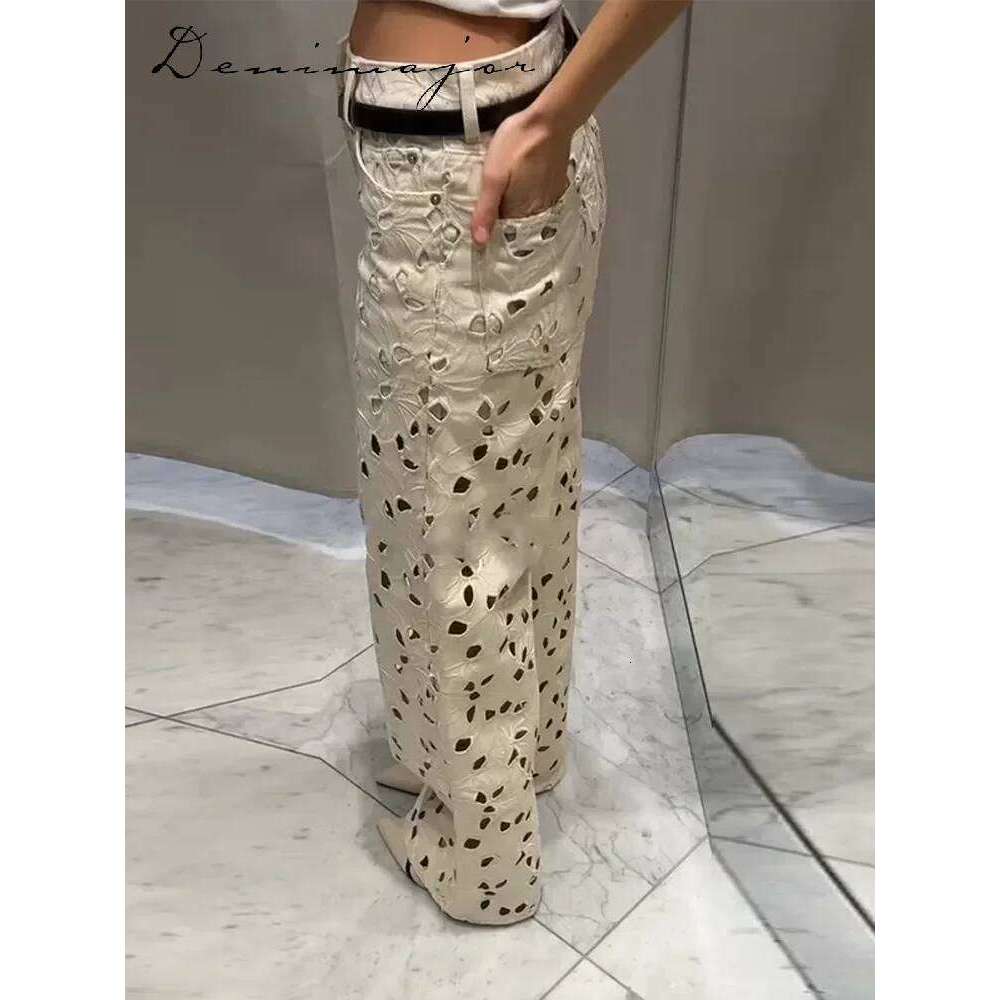 hoodie Wear Sexy Hollow Out Jean Women White Flower Baggy Hole Zipper Pocket Straight Long Pants Female Summer Elegant Lady Streetwears jacket