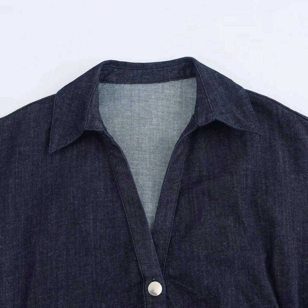 hoodie Women's Wear ETJ Traf Spring New 1975 Series Denim MIDI With Lapel Side Zipper Fashion Wrinkle Waist Slim Elegant Dress jacket