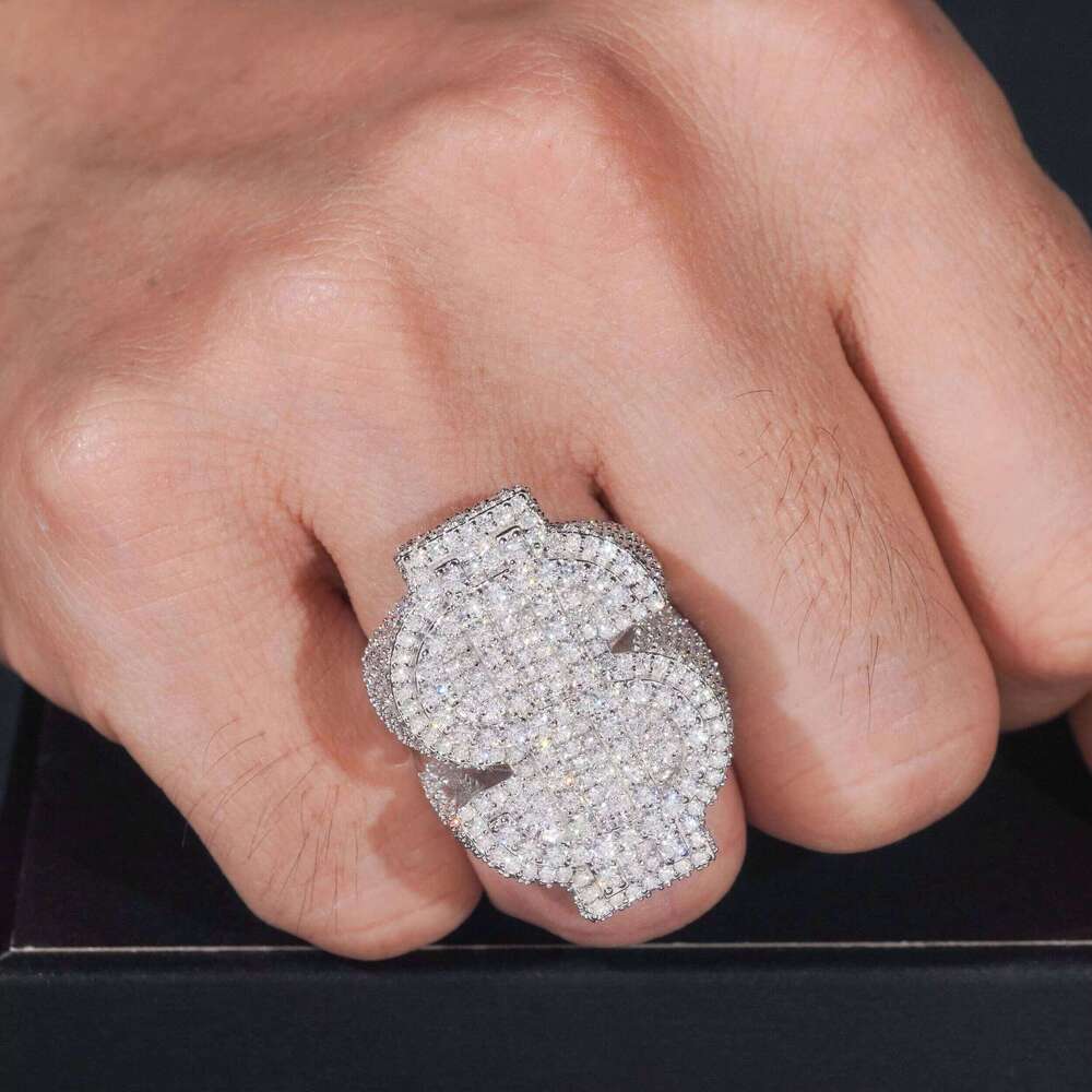 GRA Certificate High-Quality Silver and Gold Plated Premium Jewelry Iced Out Hip-Hop with Sandstone Dollar Ring
