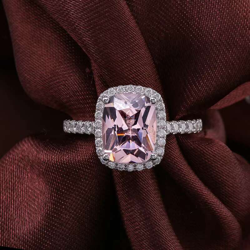 3ct 9x7mm Elongate Cushion Brilliant Cut Morganite Engagement Ring with Moissanite halo in 18 Solid White Gold