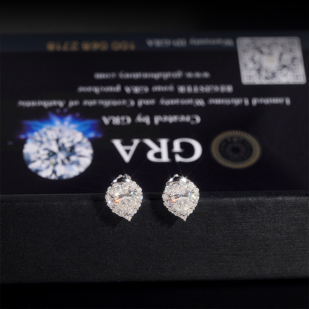 Hip Hop Jewelry Pass Tester GRA Certified Stocks Brilliant Diamond 925 Sterling Silver Moissanite Stud Earrings Heart Earrings