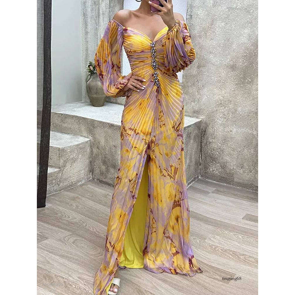 Basic Casual Dresses 2023 V Neck Sexy Split Maxi Dress Spring Autumn Loungewear Fashion Party Long Sleeve Folds Printing Ladies Holiday 231207