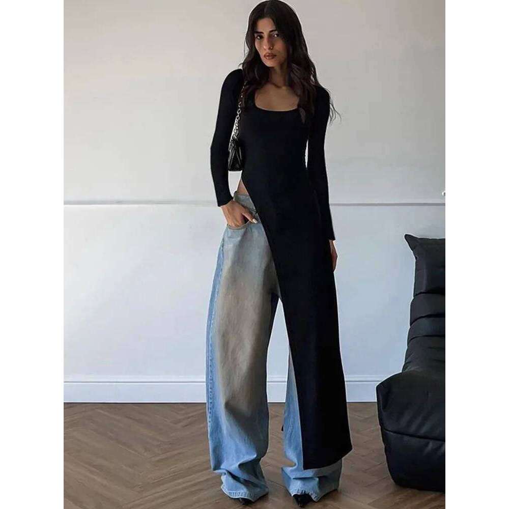 hoodie Wear Solid Unique Women Tops Classic Concise Autumn Full Sleeve U-Neck Skinny Splited Super-Long Tees Popular New Wild T-Shirts jacket