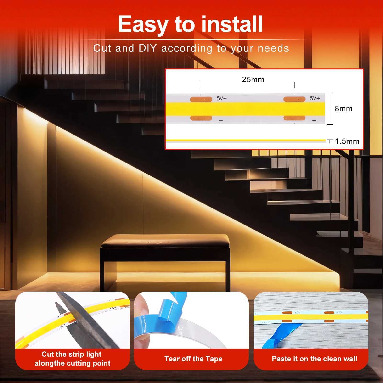 5V USB ON/OFF/Touch Dimmable COB Strip 320Leds White 3000K 4000K 6000K Home Decor Cabinet Lamp Flexible Ribbon Rope LED Light W250701