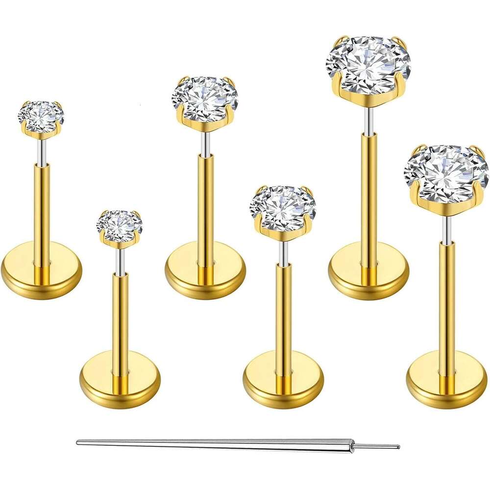 20G Back 3 Flat Earrings Stud G23 Titanium Threadless Tragus Labret Cartilage Lip Medusa Conch Body Piercing Jewelry Hypoallergenic for Women Men