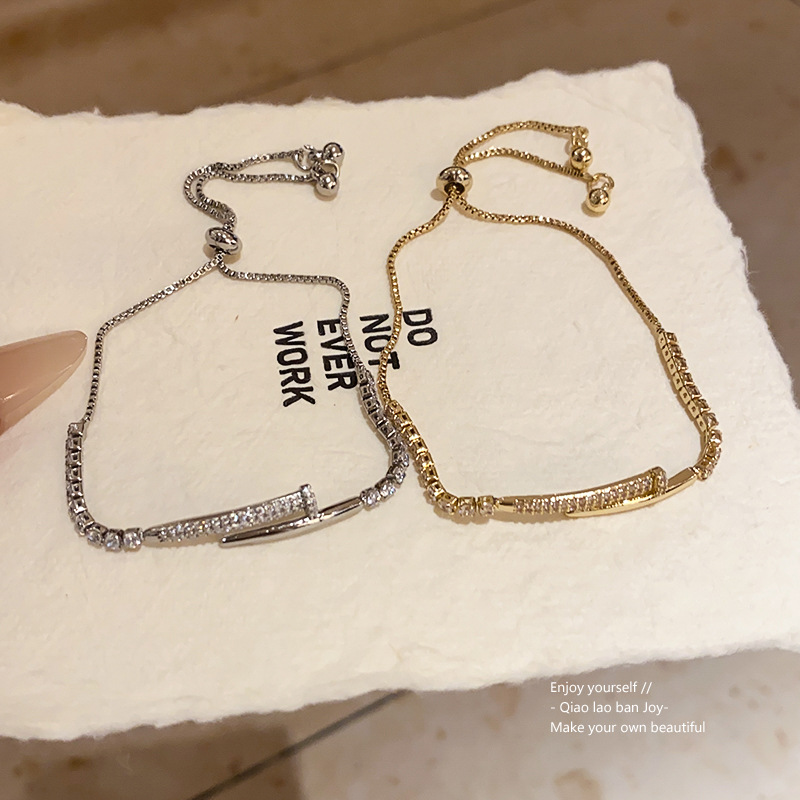 Gold Tone Cubic Zirconia Pave Bracelet With Adjustable Chain Stylish Minimalist Jewelry And Gift For Her High Quality And Modern Accessory