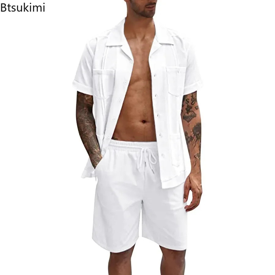 Mens Summer Casual Sport 2 Piece Sets Fashion Cotton Linen Short Sleeve Shirt and Shorts Suit Men Loose Outfits 250624