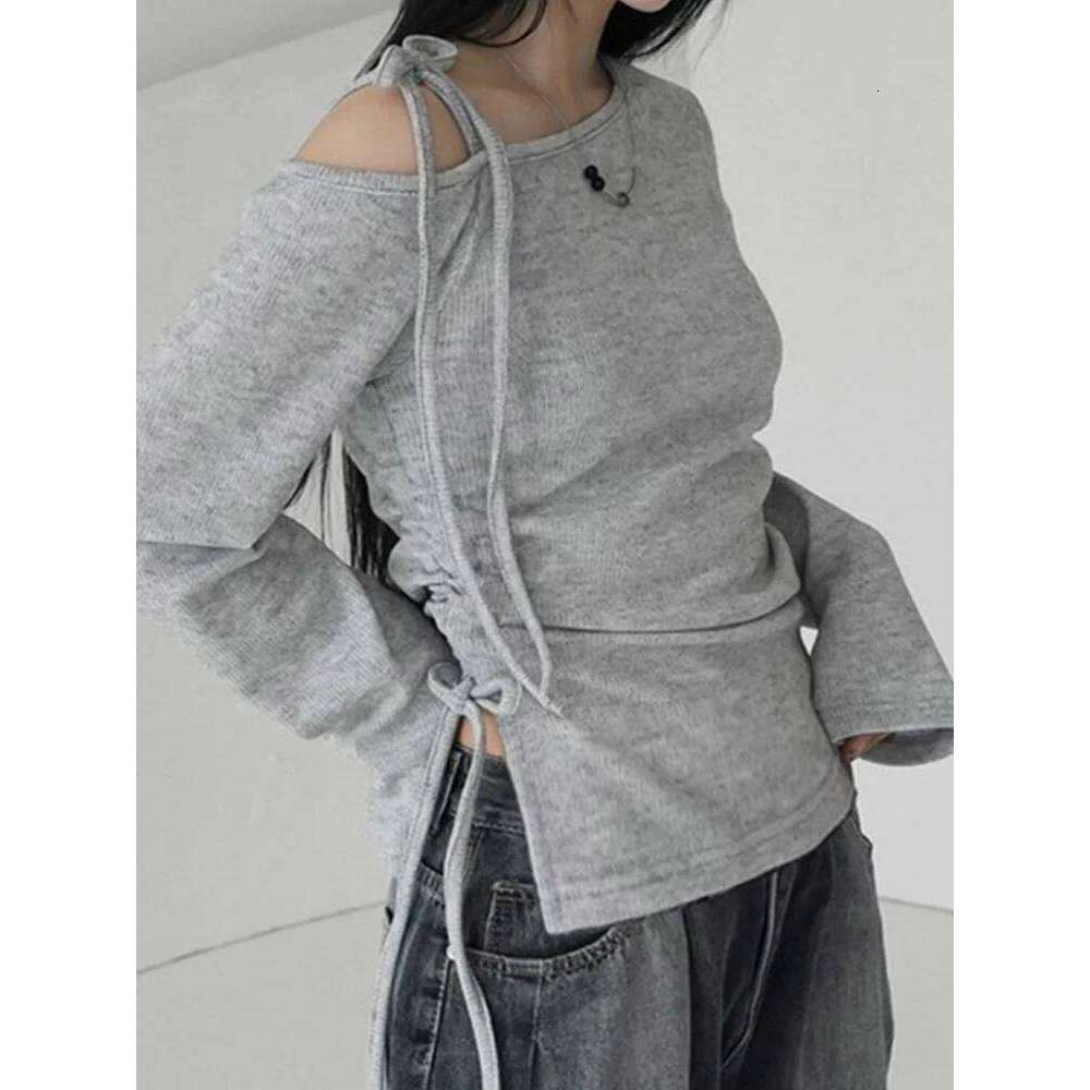 hoodie Wear Skew Collar Tie-Up Off Shoulder T-Shirt For Women Long Sleeve Drawstring Slim Fit Top Solid Korean Fall Casual T Shirts jacket