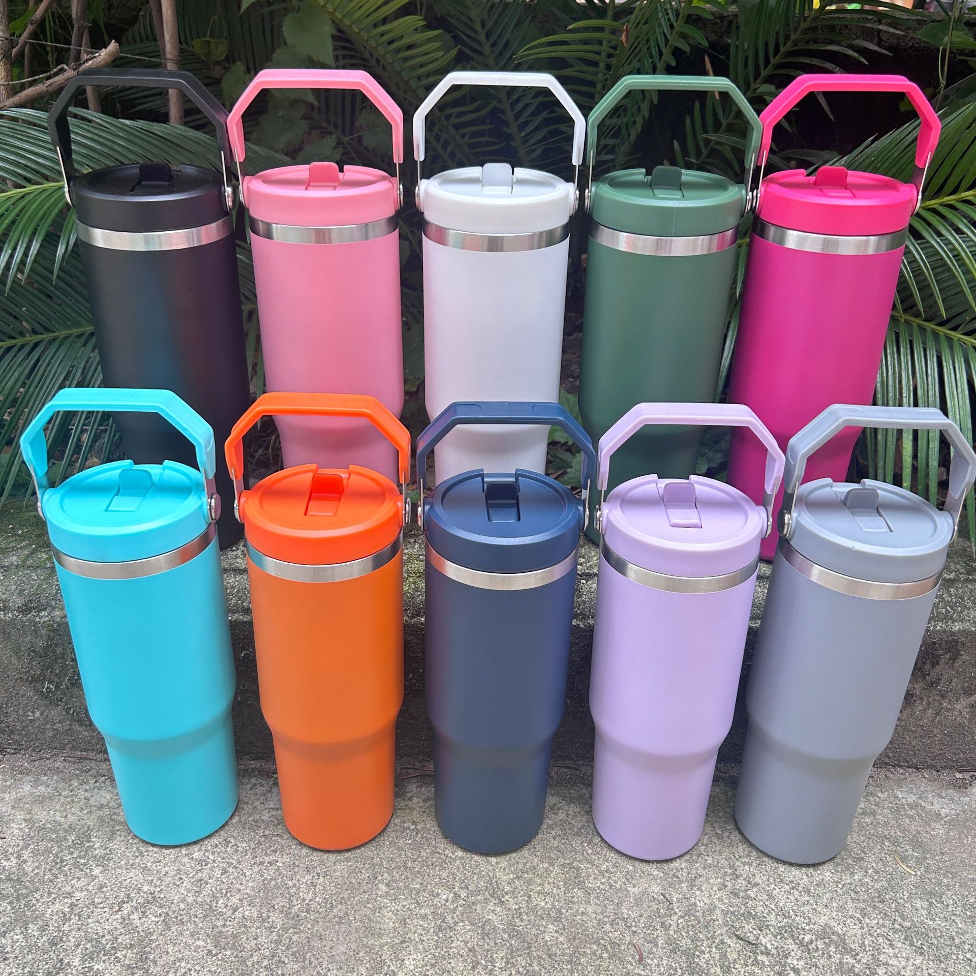 DHL Water Bottles 30oz Cups Heat Preservation Neon Pink Red Stainless Steel Tumblers Large Capacity Travel Car Mugs Reusable Leakproof Flip Cups
