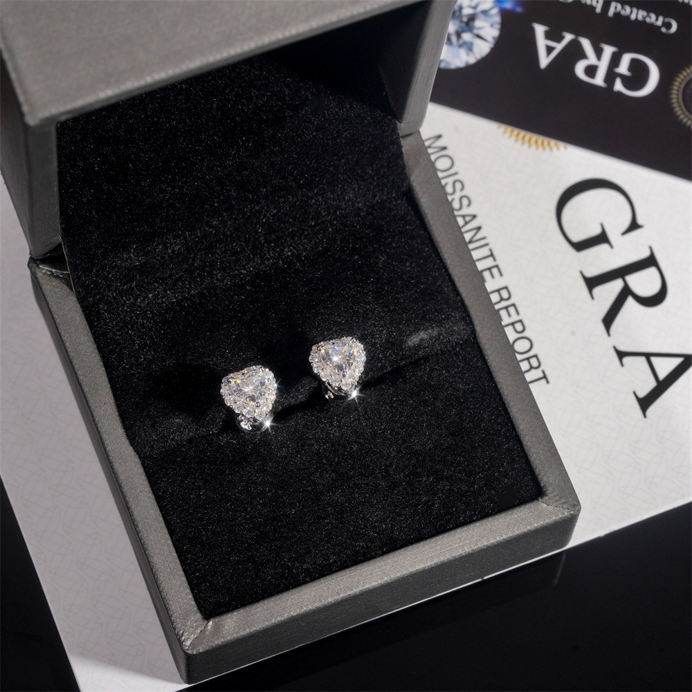 Hip Hop Jewelry Pass Tester GRA Certified Stocks Brilliant Diamond 925 Sterling Silver Moissanite Stud Earrings Heart Earrings