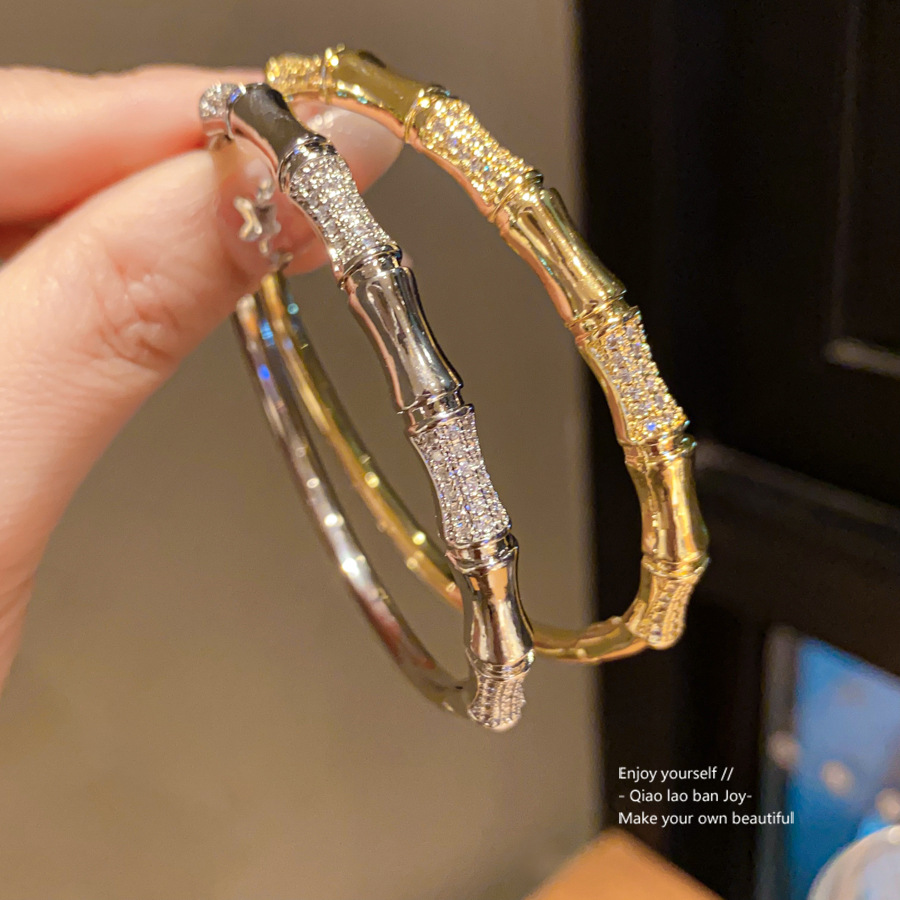 Gold Tone Cubic Zirconia Pave Bamboo Bangle Bracelet With Sparkling Accents Chic Fashion Jewelry And Gift For Her High Quality And Luxe Accessory