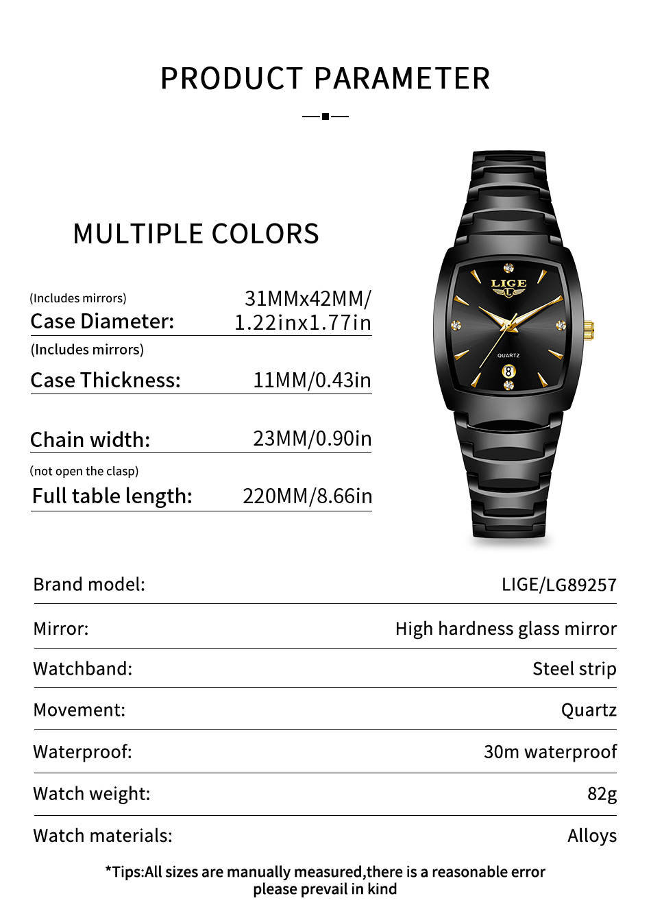LIGE Quartz Watch Waterproof Watch Top Brand Men's and Women's Universal Style Square Case Fashion Business Watch Holiday Gift Student Watch