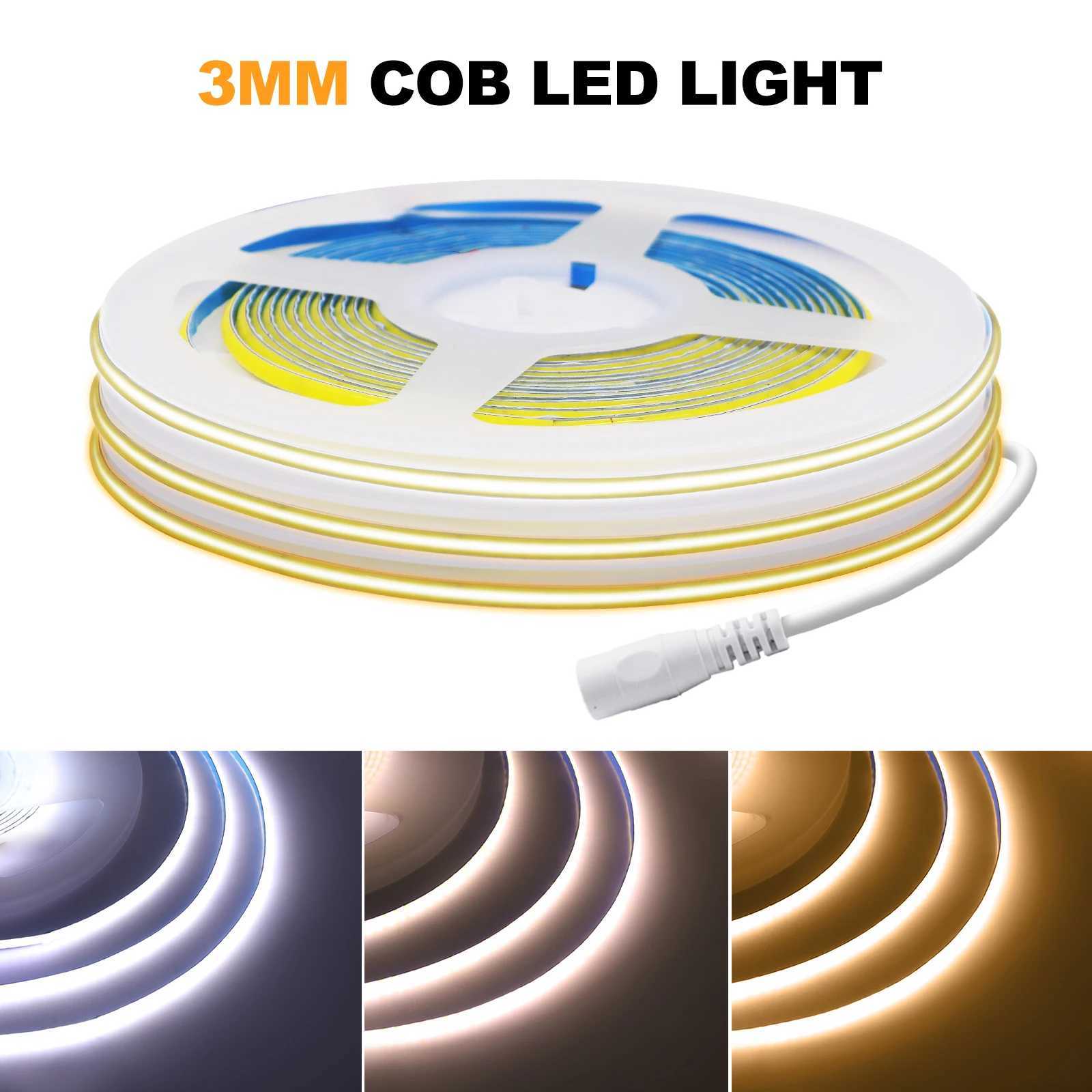 3mm Ultra Thin COB LED Strip Light 5V 12V 320 LEDs/m High Density Flexible Tape Ribbon White/Ice Blue/Pink/Red RA90 LED Lights W250701
