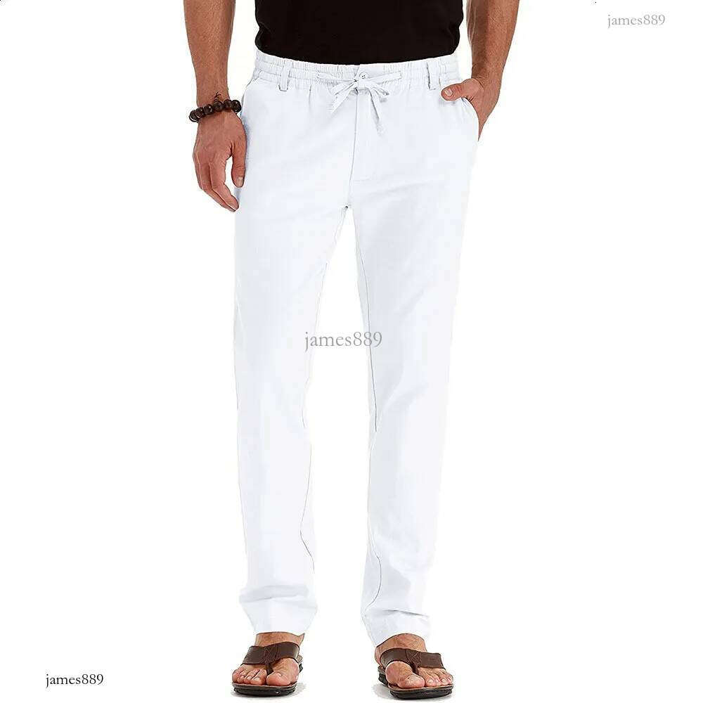 White Cotton Linen Pants Men Casual Loose Lightweight Yoga Trousers Mens Summer Beach Long with Drawstring Button Fly 210715
