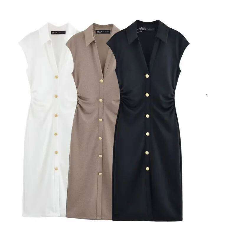 hoodie Women's Wear ETJ Spring And Summer New TRAF Women's Elegant Fashion Bead Cloth Shirt-Style Short-Sleeved V-Neck Slim-Fit Dress Long S