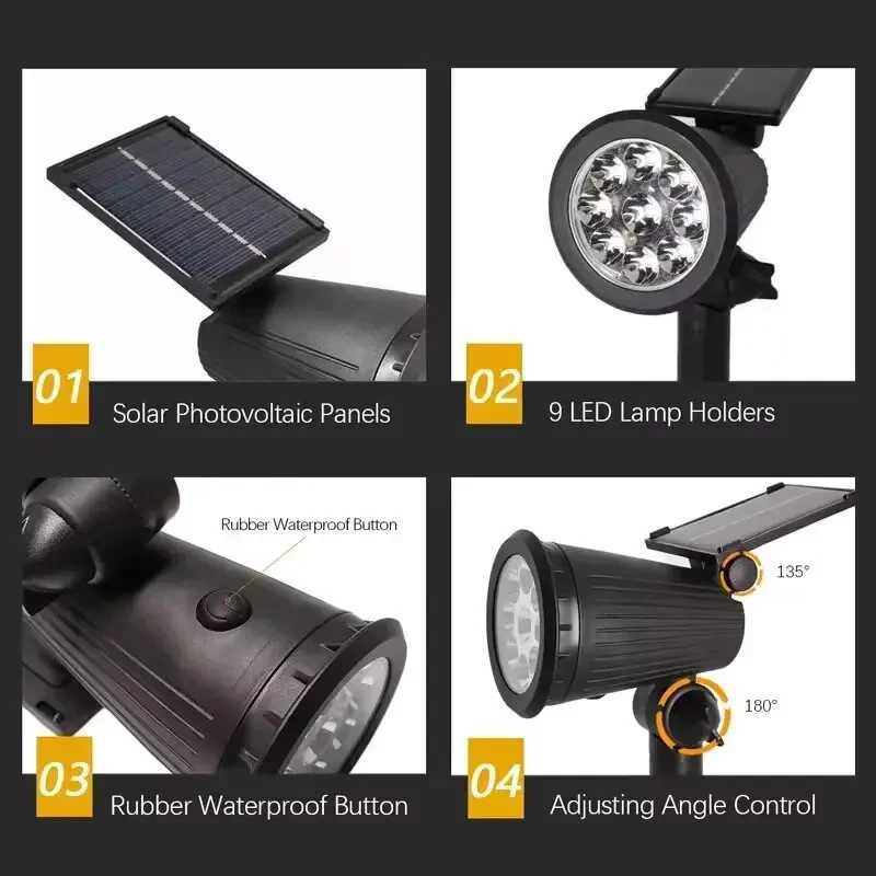 9 LED Solar Spotlights Outdoor IP65 Waterproof Brightness Adjustable Spot Light Garden Backyard Driveway Patio Decor LampXJ250624