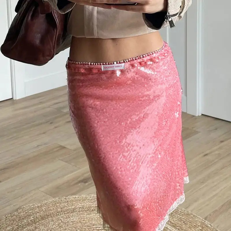 Vintage Sweet Pink Sequin Skirt for Women Simple Slim Fit Bodycon Skirts Summer All-match Faldas Sexy Mujer 250624
