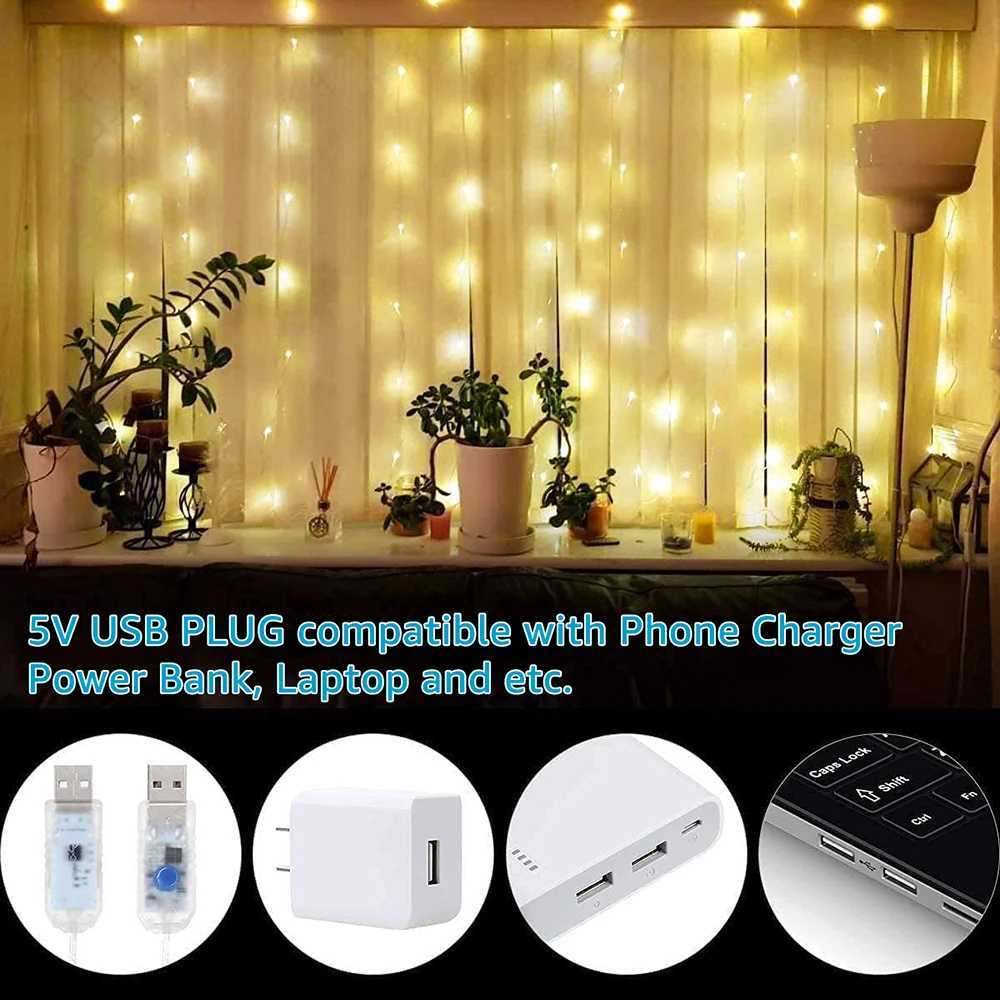 3M USB Window Curtain Lights Remote Control 8 Modes Garland for Christmas Wedding Party Holidays Bedroom Decoration W250701
