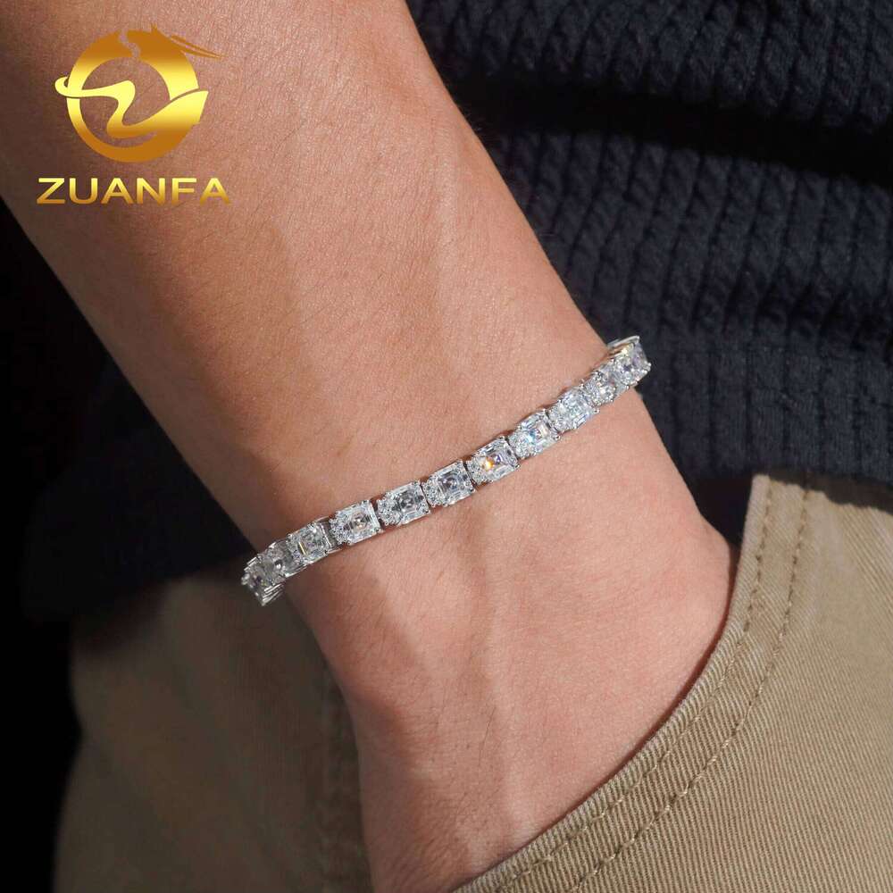 Hip Hop Silicon Stone Jewelry 5 5Mm Asscher Cut Ice For Women And Men Sier Tennis Bracelet Passes Tester