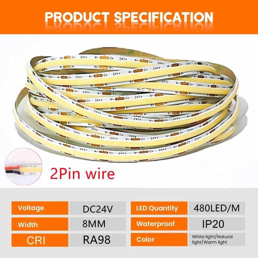 Tri Color Dimming 10m 24V COB LED Strip Light 480 LEDs/m 8mm Width High Density Flexible RA95 Light Strip for TV Wall Decoration W250701
