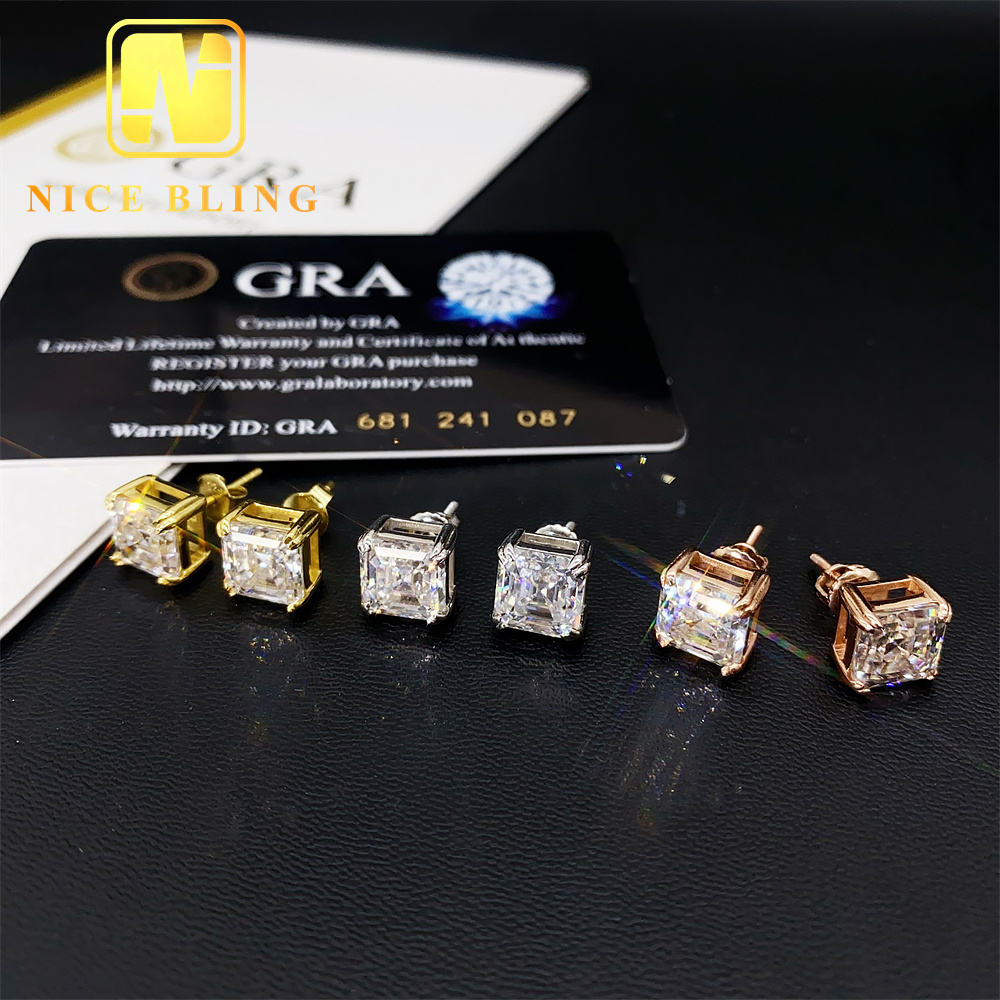 925 Sterling Silver Luxury VVS GRA Gertificate Asscher Cut Men Women Custom Fine Jewelry Moissanite Stud Earrings