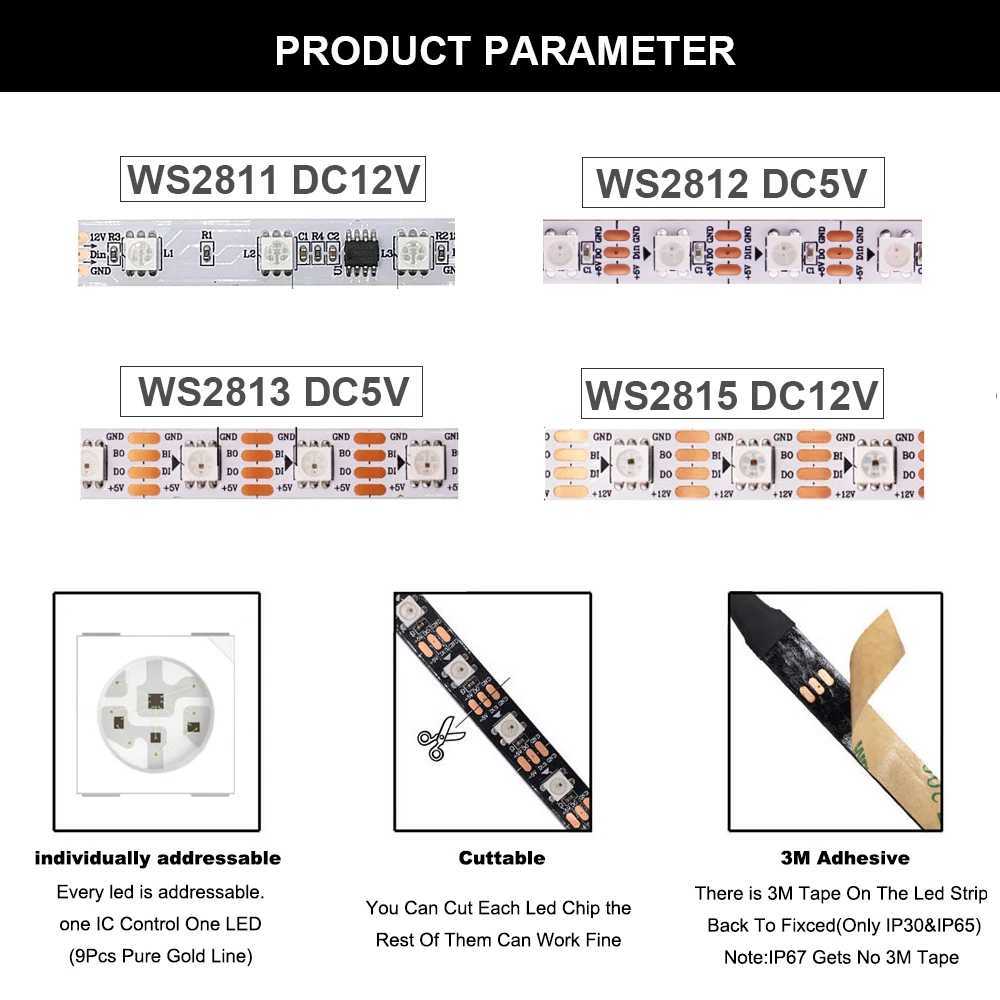 WS2812B WS2811 WS2813 WS2815 RGB LED Strip WS2812 Individually Addressable 30/60/144 pixels/Leds/M Tape Light IP30/65/67 DC5V/12V W250701