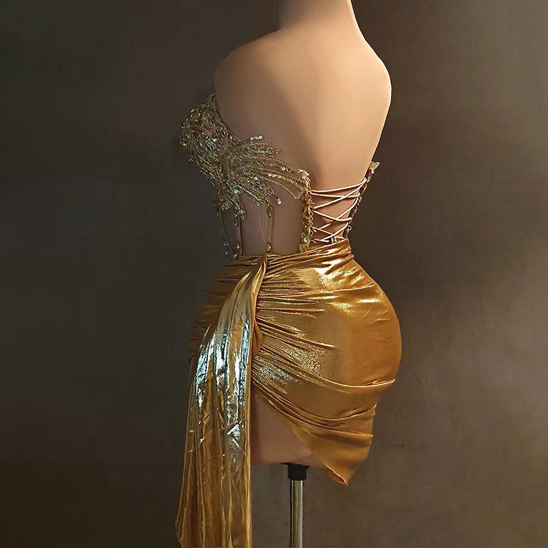 New High-End Fashion Sexy Strapless Rhinestone Chain Waist-Cinching Short Dress Set for Bar Nightclub Performance 231128