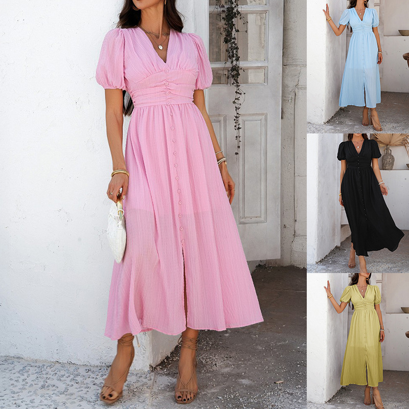 H72Summer holiday style high waist short sleeve single breasted slit dress