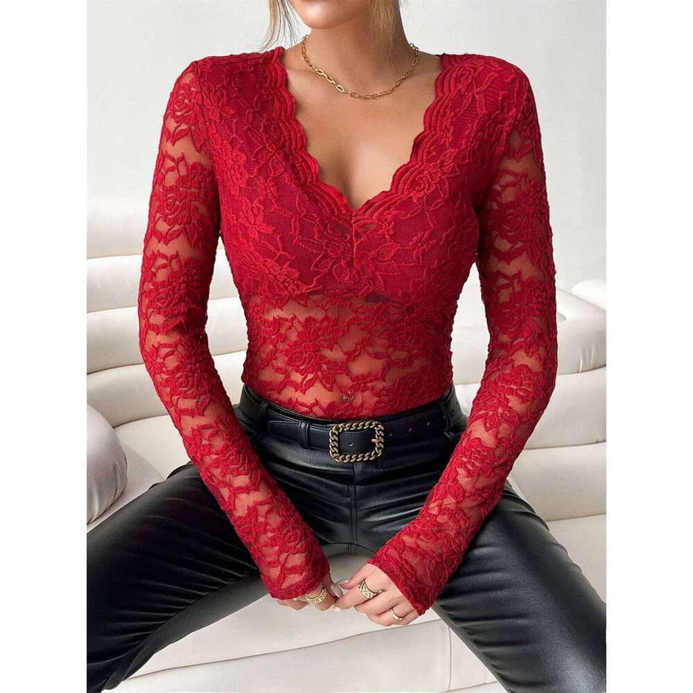hoodie Wear Sexy Lace V Neck Tops Women Long Sleeve Solid Hollow Out Perspective Spicy Girl Shirts Spring Summer Chic Y2k Clothes Party Wear jacket