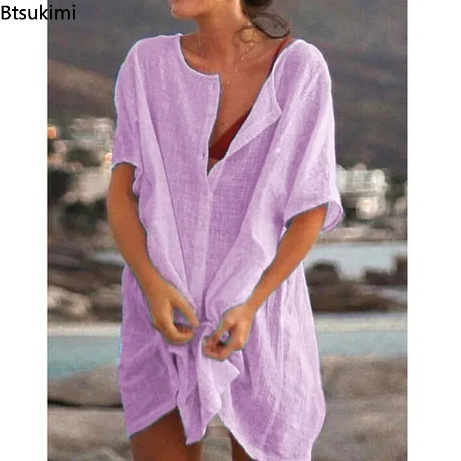 2025 Womens Cotton Linen Beach Dress Solid Summer Casual Cover-ups Midi Dresses Soft Loose Tunics Female Shirt Dress Robe S-5XL 250702