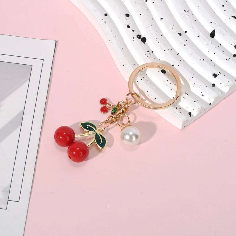 Cute Pretty Cartoon Cherry Preal Keychain Love Fruit Key Ring For Women Girl Handmade Friendship Party Gift Jewelry Set Free shipping