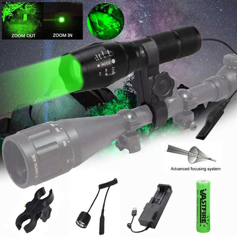 5000LM Green/Red/White Light Hunting Flashlight Tactical LED Torch +Remote Pressure Switch+Rifle Mount +18650 Battery+Charger XJ250701