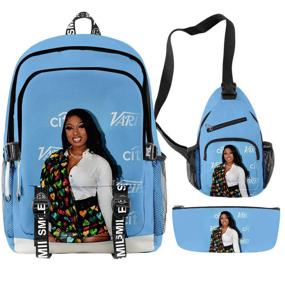 Fashion Novelty megan thee stallion 3D Printed 3pcs/Set Student School Bags multifunction Travel Backpack Chest Bag Pencil Case