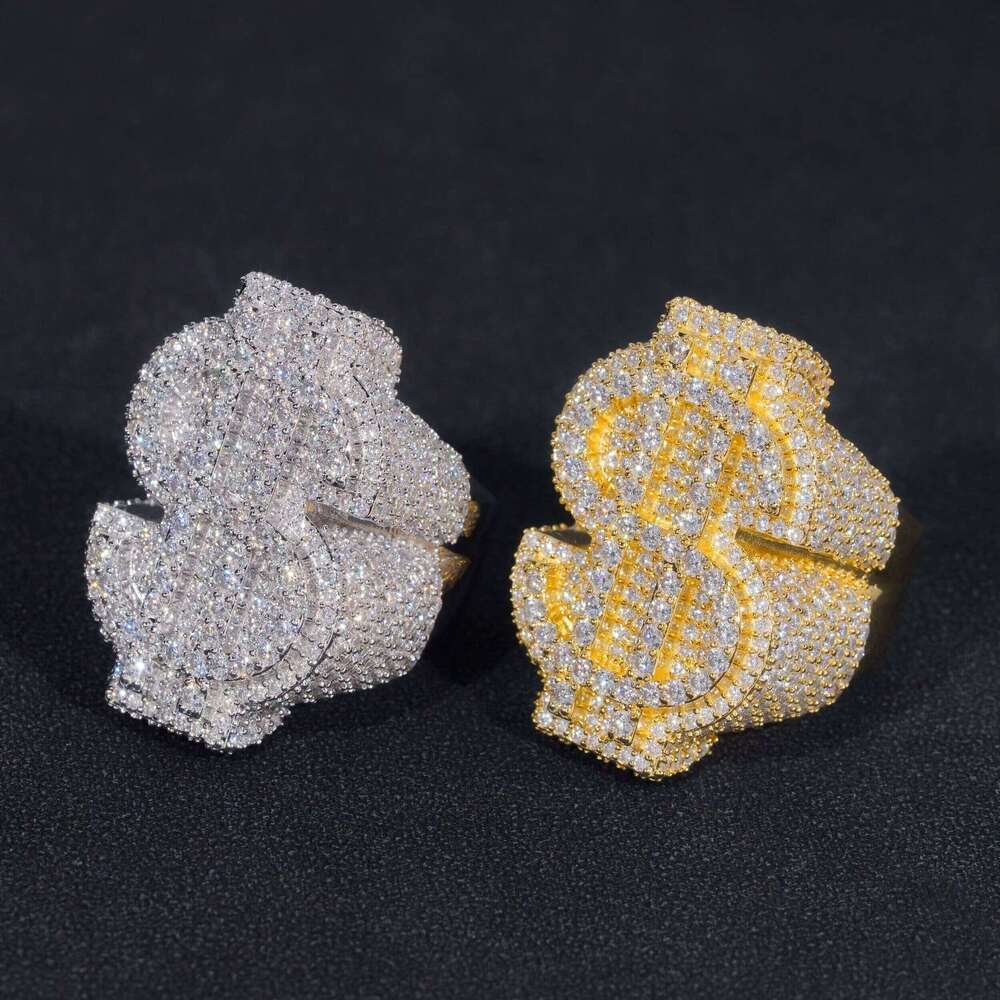 GRA Certificate High-Quality Silver and Gold Plated Premium Jewelry Iced Out Hip-Hop with Sandstone Dollar Ring