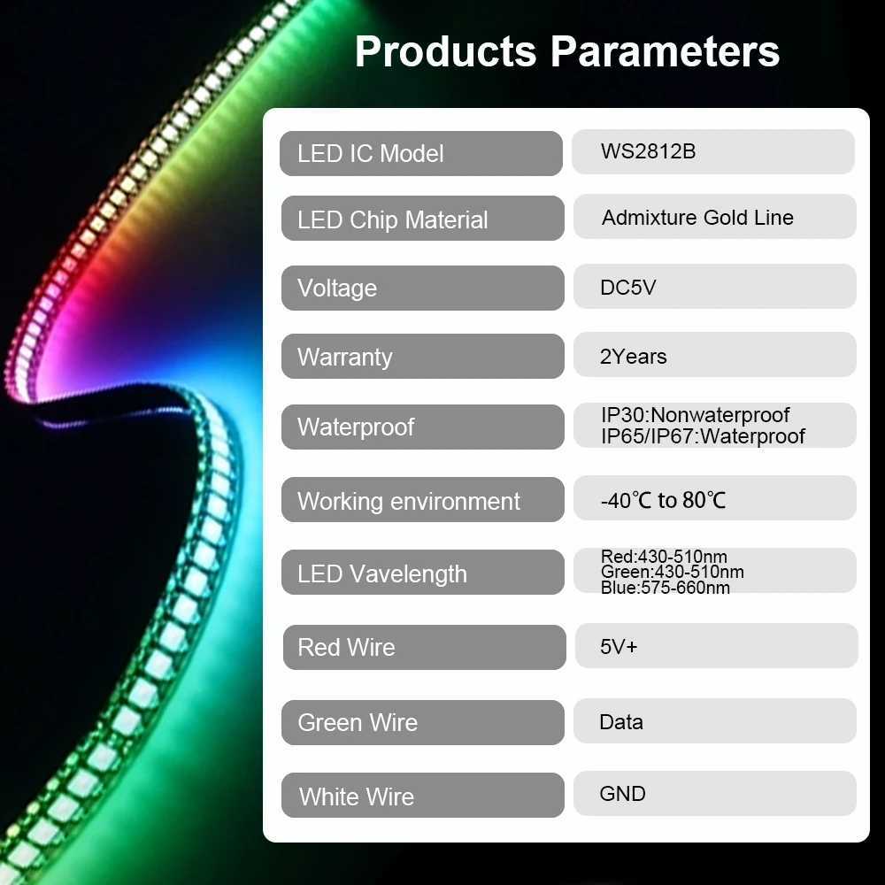 DC5V WS2812B 5050 RGB Smart Pixels LED Strip Light 30/60/74/96/144 LEDs/m WS2812 Individually Addressable LED Light IP30/65/67 W250701