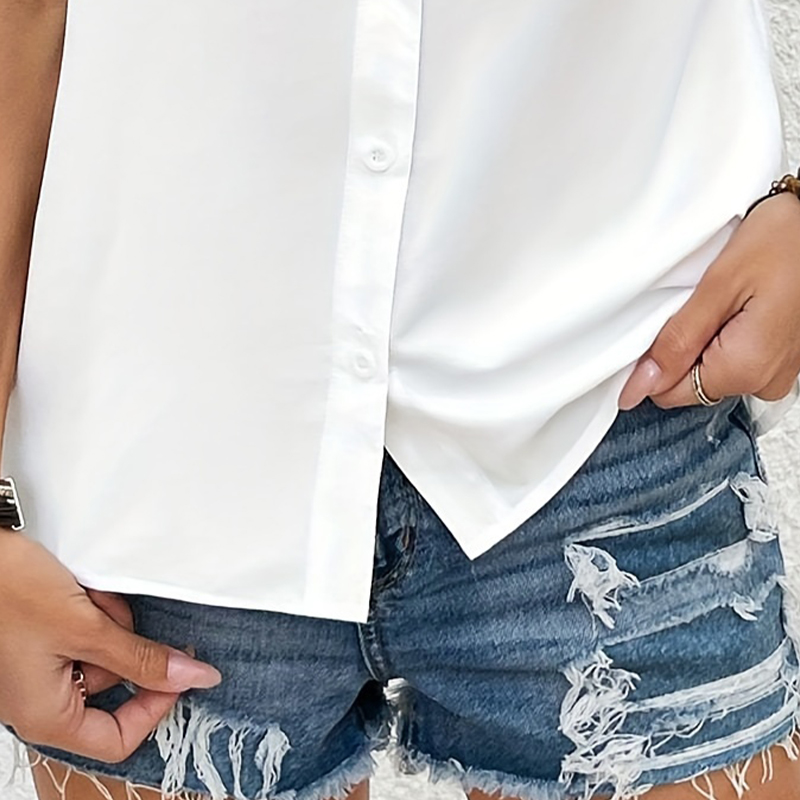 Elegant Womens V-Neck T-Shirt with Short Sleeves Pure White Cotton Blend Fabric