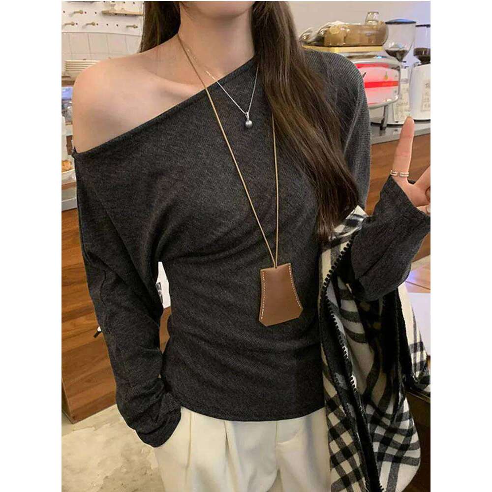 hoodie Wear Spring Summer Slash Neck White Women's T-Shirts New Long Sleeve Korean Split Casual Loose Bottom Knit Tops Tee Female jacket