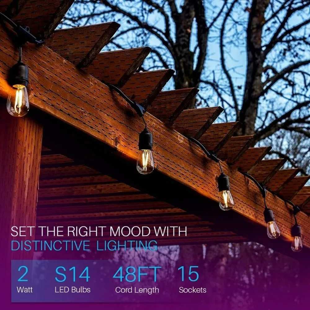 IP65 15M LED S14 String Lights Waterproof E27 Warm LED Retro Edison Filament Bulb Outdoor Street Garden Patio Holiday Lighting W250701