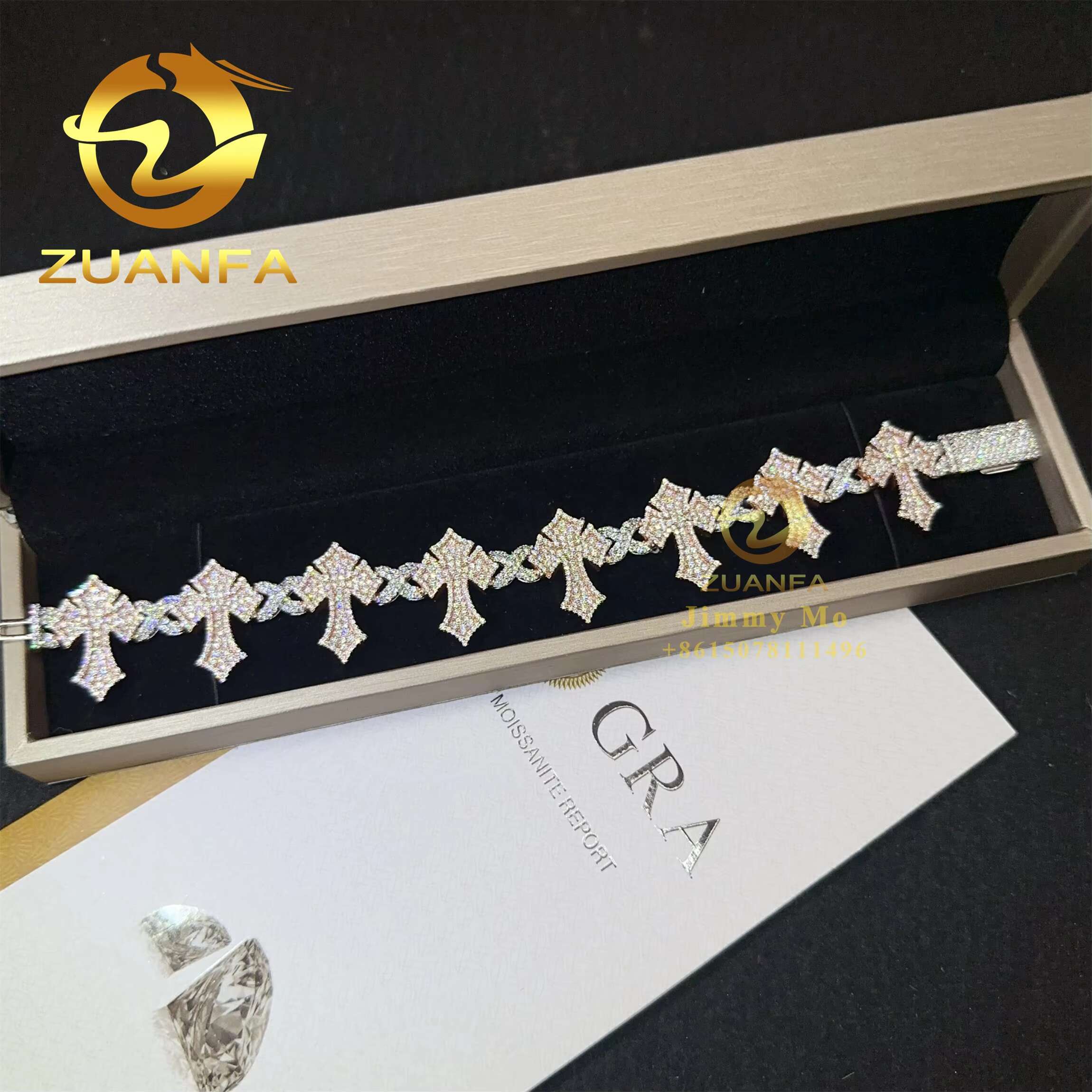 Custom Hip Hop Iced Out 925 Silver VVS Diamond Infinity Mens Moissanite Cross Cuban Chain Bracelet Men Women