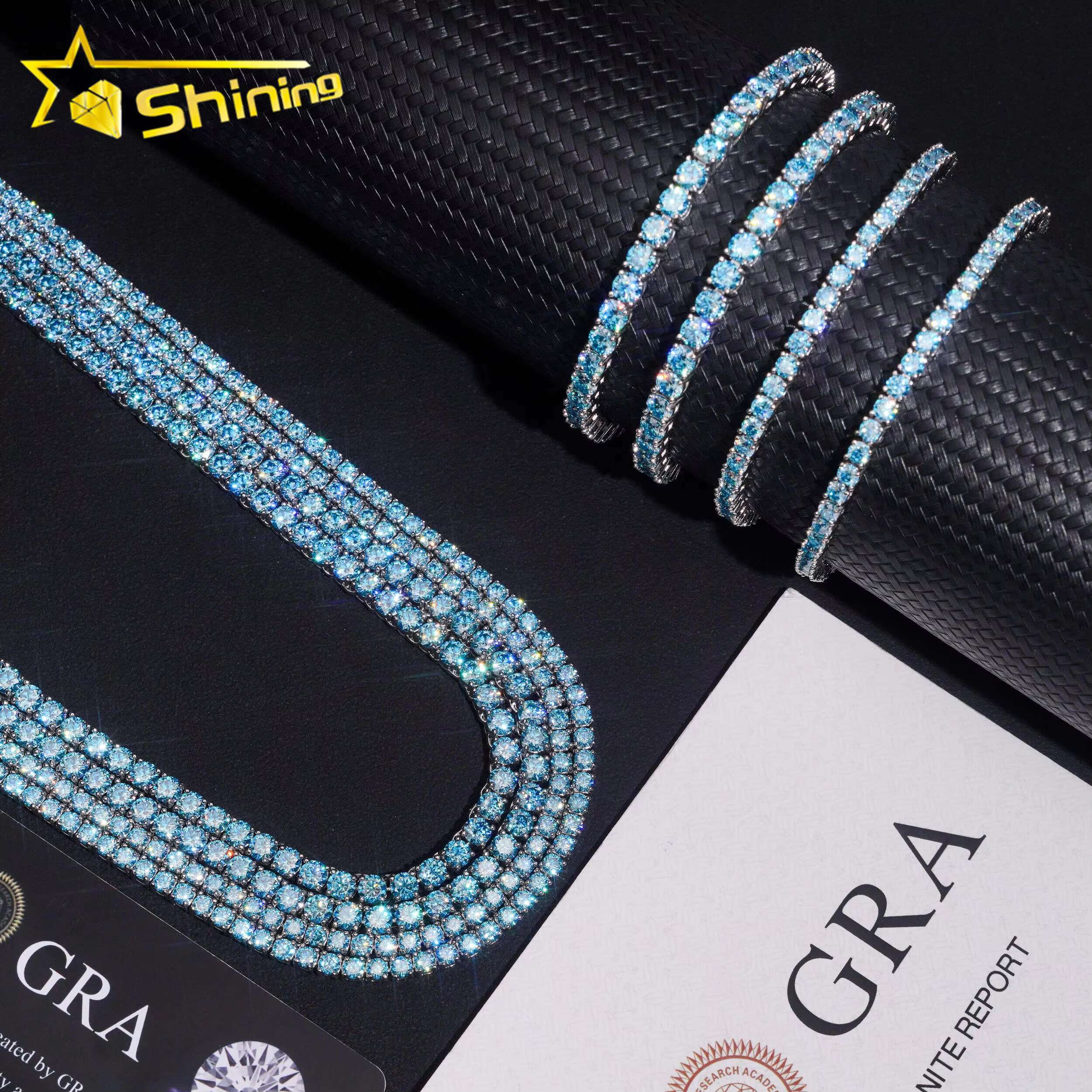 New Stocks 3mm 4mm Factory Wholesale Price Solid S925 Rhodium Plated Hip Hop Necklace Blue Color Moissanite Diamond Tennis Chain