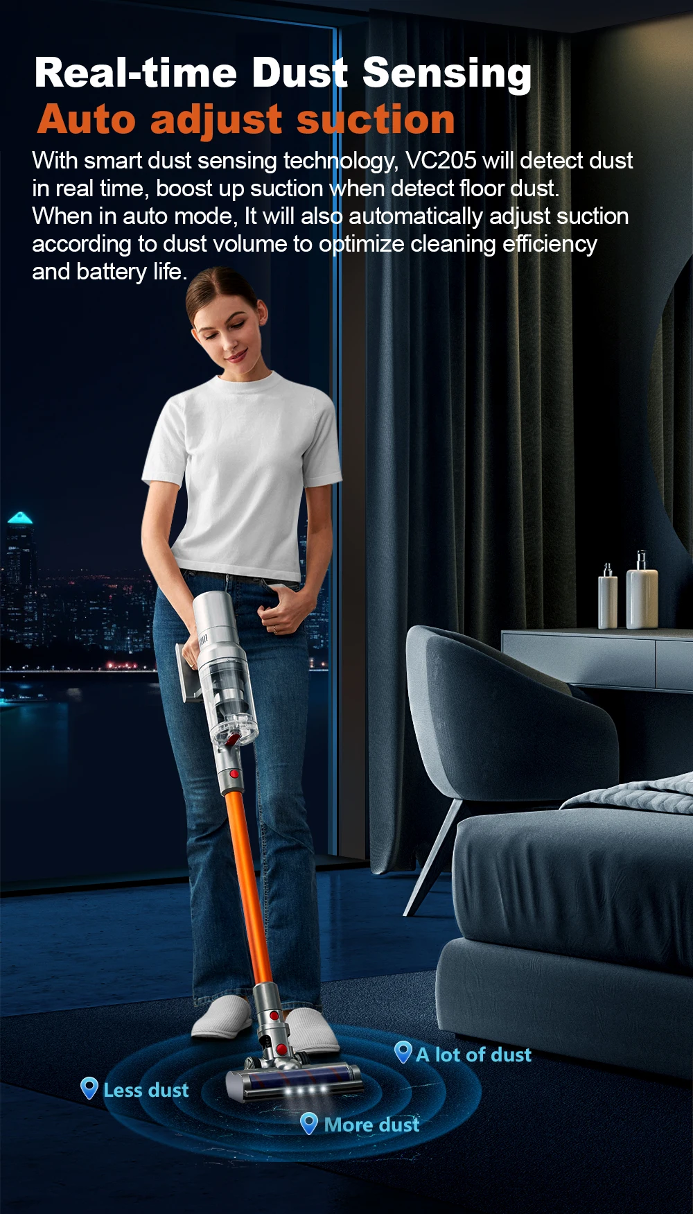 ABIR VC205 Cordless Handheld Vacuum Cleaner,27KPA High Suction Power,Touch Screen,Smart Dust Sensor,Auto Speed Control for Home Bed Carpet Cleaning