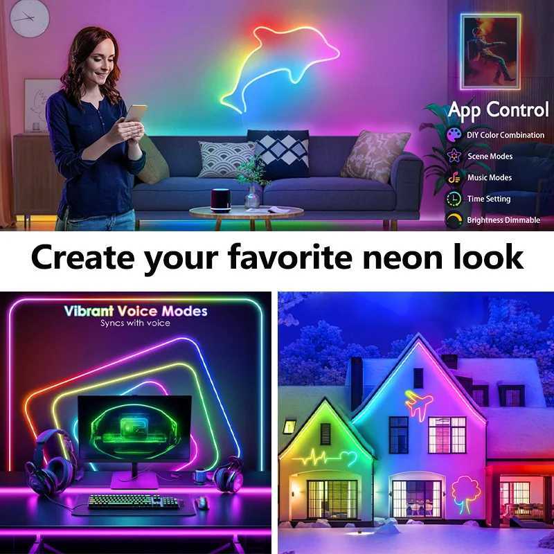 5M 10M 15M 30M RGB LED Neon Strip 24V Bluetooth App/Remote Control RGB Home Tape Outdoor Waterproof LED Bar 20 Meter Neon Rope W250701