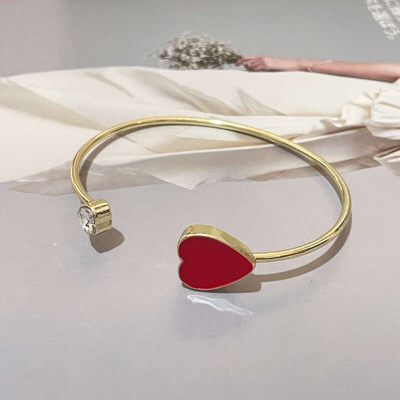 DHCollections Adjustable Heart Bracelet - Trendy Korean-Style Cuff Bangle with Crystal Accents for Women (Red/Black, 8.4g Lightweight)