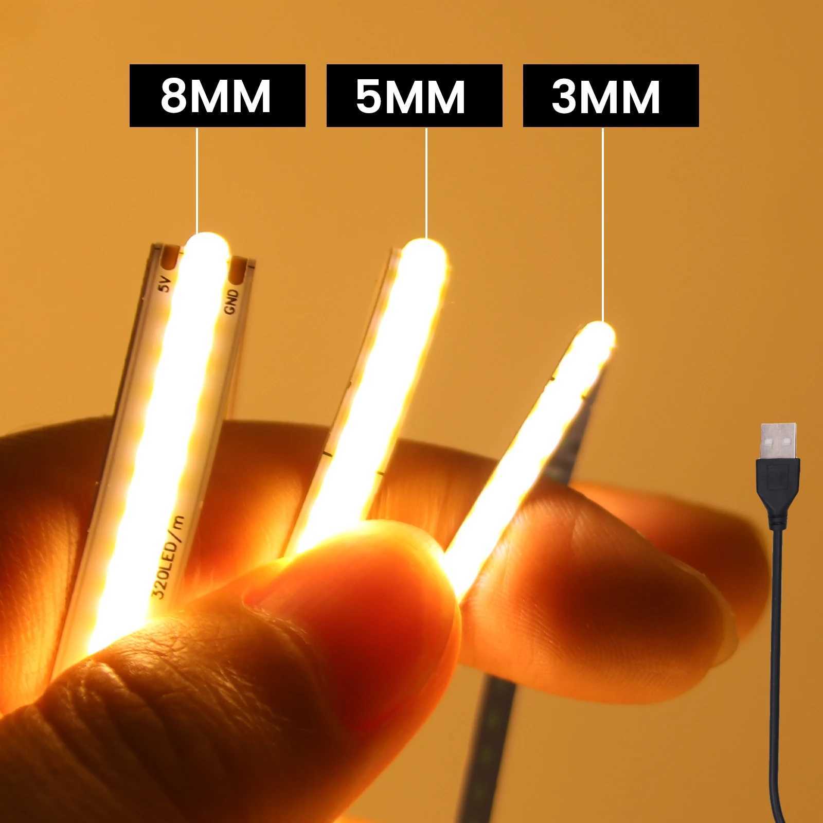 5V USB COB Strip LED Lights 3MM 5MM 8MM Genilik Dimmable Esnek Halat Bant Lamba 320LEDs/M RA90 Yksek Younluk 3000K 4000K 6000K W250701
