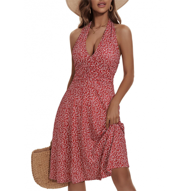 F71New floral dress V-neck halter neck waist wide swing casual commuting open back dress